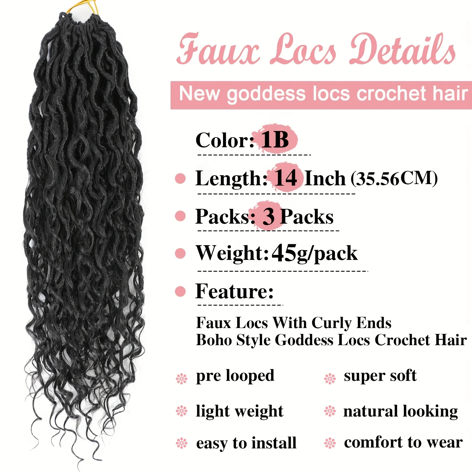 Goddess Locs 크로셰 헤어 익스텐션 - 14인치 3팩 사전 루프형 인조 Locs 보호 스타일(여성용 곱슬 끝 포함)