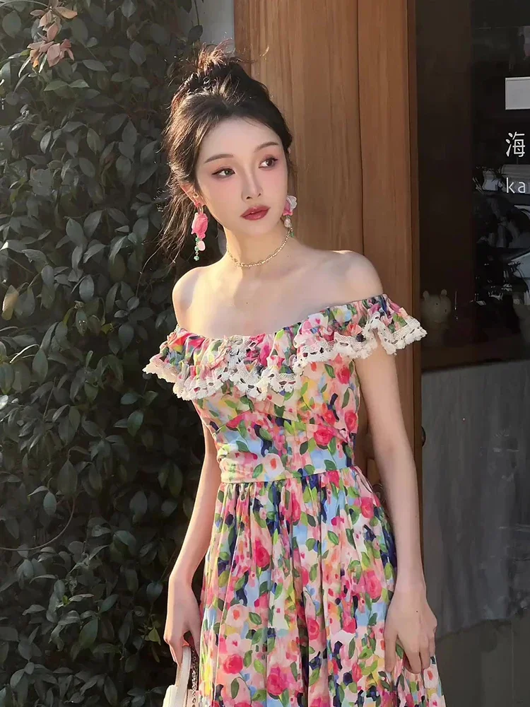 European Oil Paint Spring Flowers Tassels Dress for Women Gentle Lady Party Girls Sexy Slash Neck A-line Shoulder Off Dresses