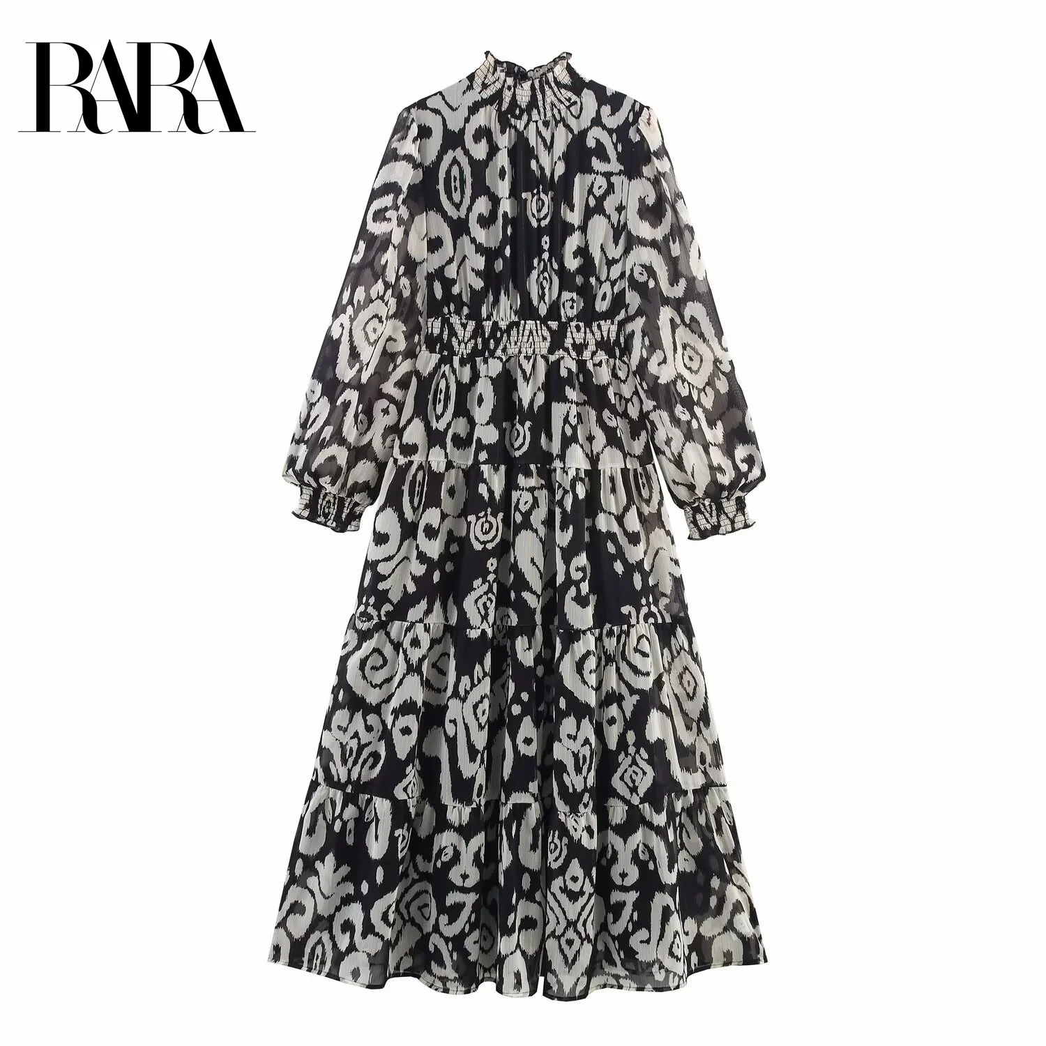 

RARA2025 new summer women's casual temperament elastic elastic waist stitching print long sleeve stand collar chiffon long dress