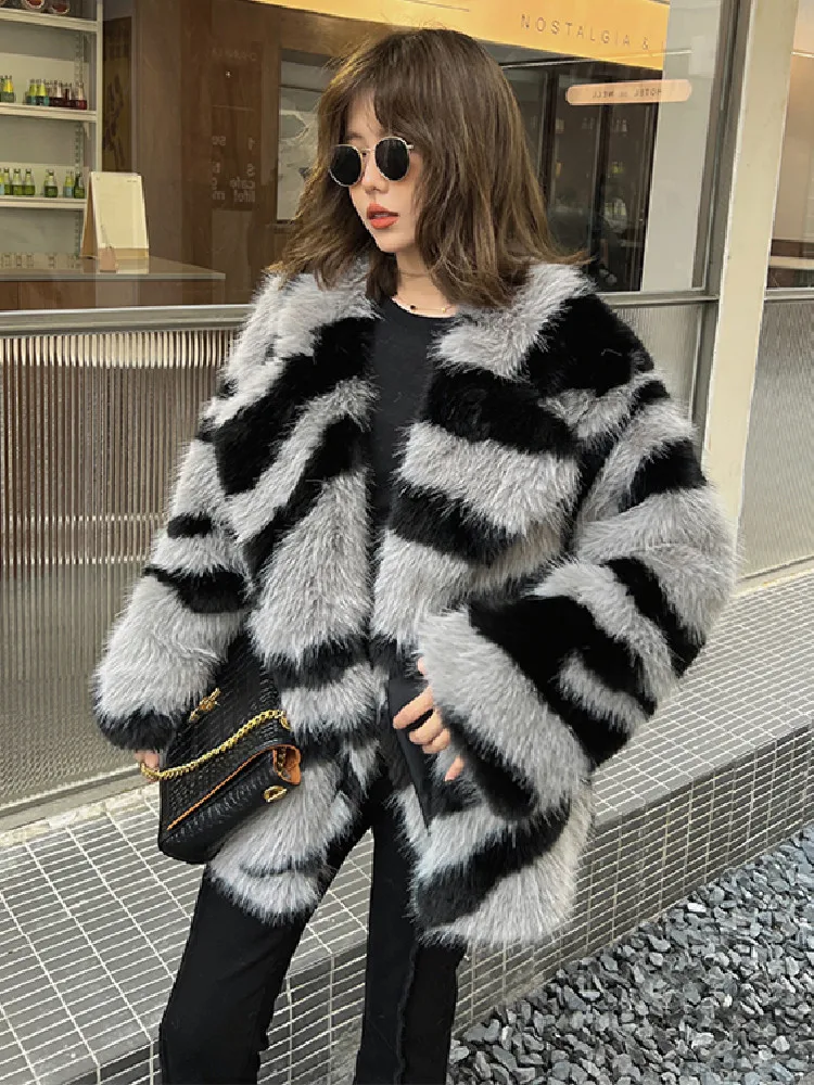 HIGH QUALITY Winter Zebra Striped Large Lapel Fur Coat Long Sleeve Loose Warm Shaggy Faux Fur Jacket Loose Outwear