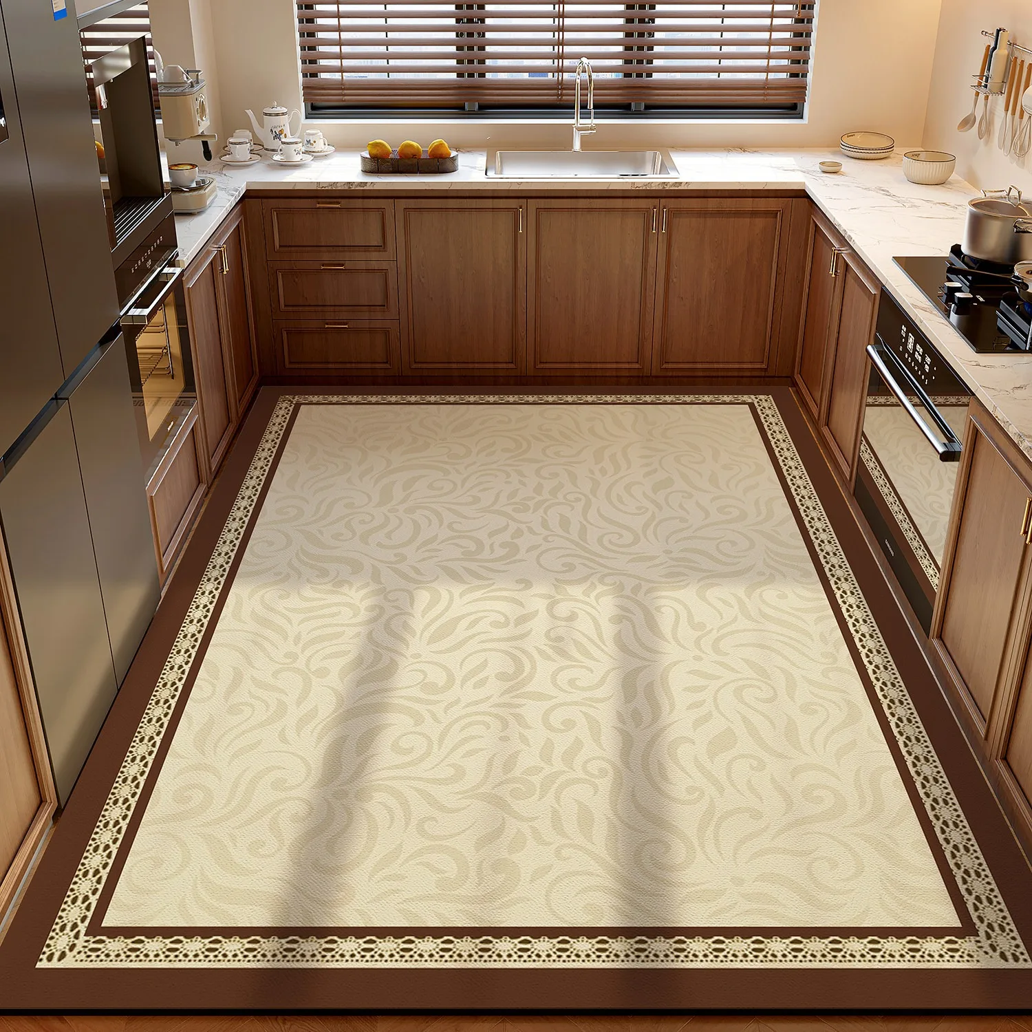 Vintage Kitchen Floor Mat Non-slip Carpet Light Luxury Home Decoration Rug Dirty Resistant Easy Clean PVC Leather Washable Mats