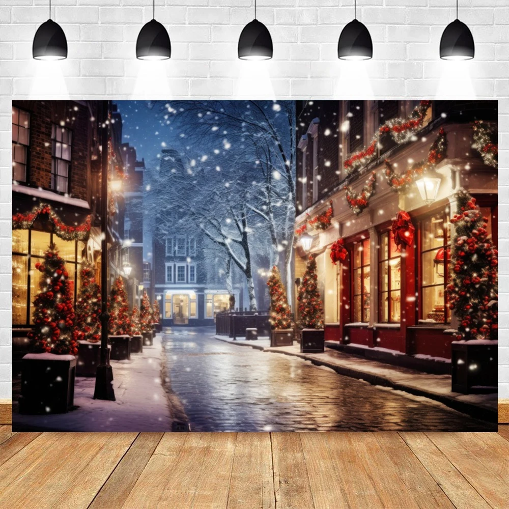 Christmas Photography Background Winter Night Snow Street Lamp Kids Family Party Portrait New Year Decor Backdrop Photo Studio