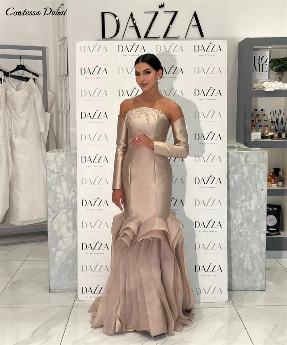 Contessa Dubai Custom Elegant Prom Dress With Sleeve Strapless Vestidos de noche Ruffle Skirt Formal evening events dress 2025