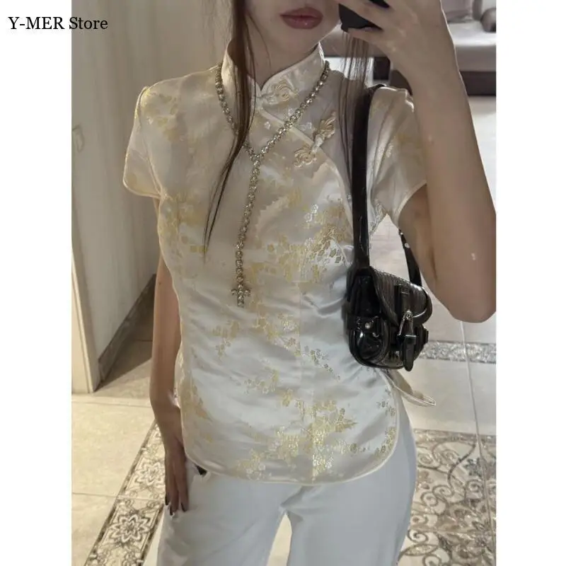 Fashion Flower Print Chinese Style Tang Clothes Chesongam Top Short Sleeve Shirt Lady Summer New Blouse Qipao Top Big Size 4Xl