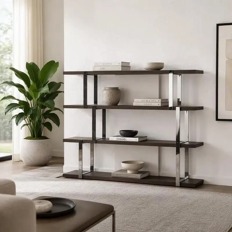for Four-story design home office decorative mirror stainless steel frame modern library wooden bookshelf