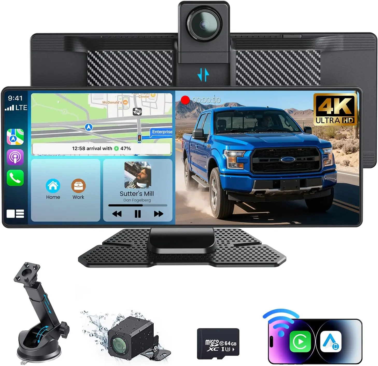 

10,26-дюймовый портативный экран CarPlay с 4K HD, Android Auto, видеорегистратором, камерой заднего вида, голосовым управлением и Bluetooth