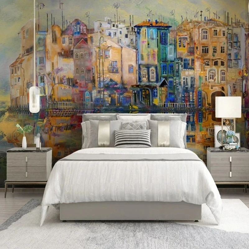 

Custom Printed Wall Murals - Abstract Hand Painted Oil Painting Road Building Pattern Wallpaper for Living Room Bedroom Office