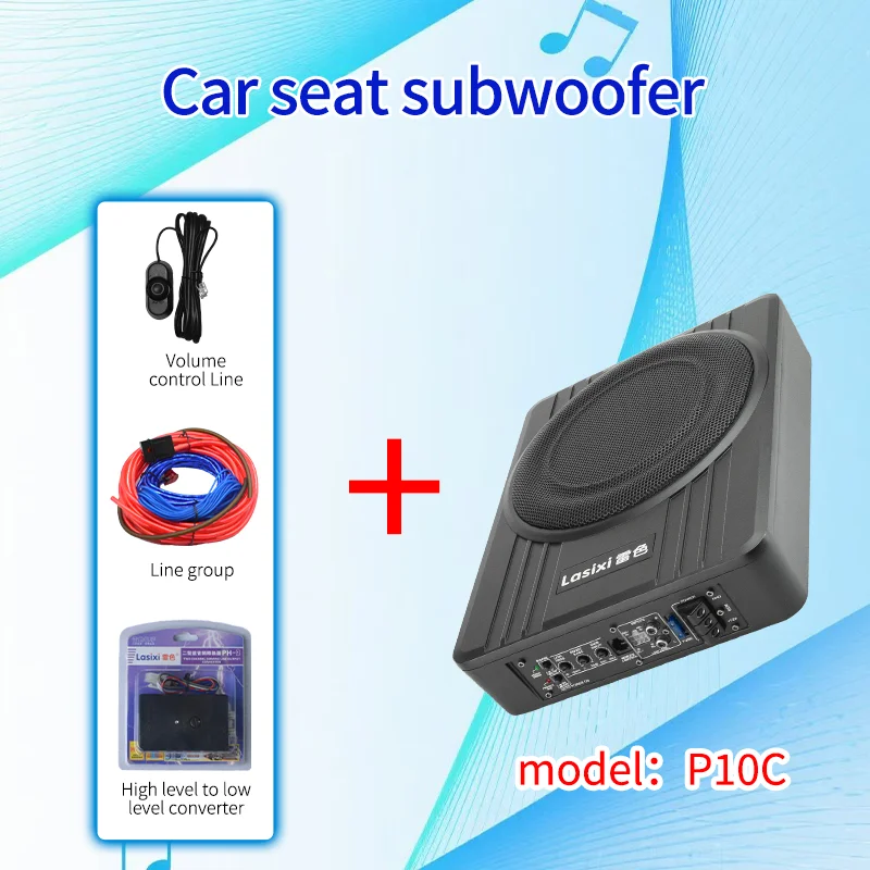 P10C 12V 10-inch Under Seat Active Car Subwoofer with 160W Amplifier, Aluminum Housing for Superior Bass & Installation Cables