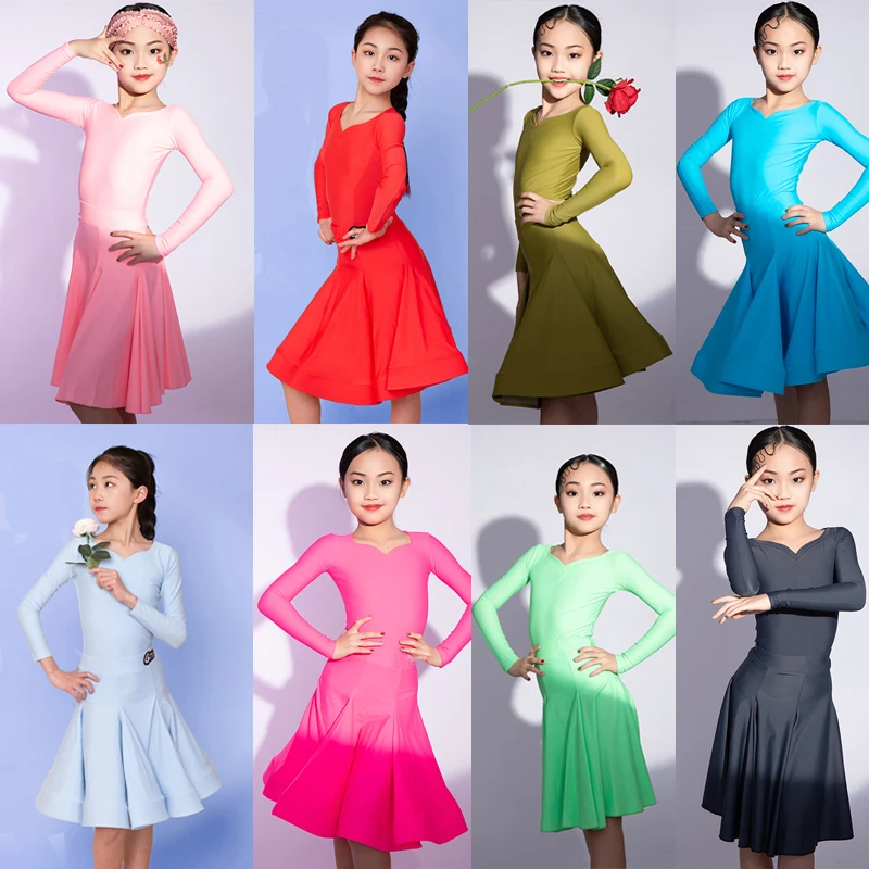 

Girls Latin Dress 12 Colors Ballroom Dance Competition Dress Long Sleeved Professional National Standard Dance Dress Girls