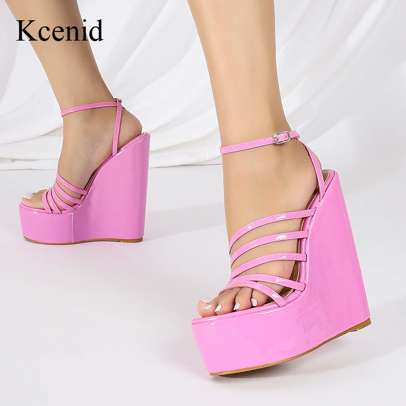 

Kcenid Patent Leather Summer Narrow Band Plarform Sandals High Heels Sexy Buckle Strap Wedges Sandals Women Wedding Party Shoes