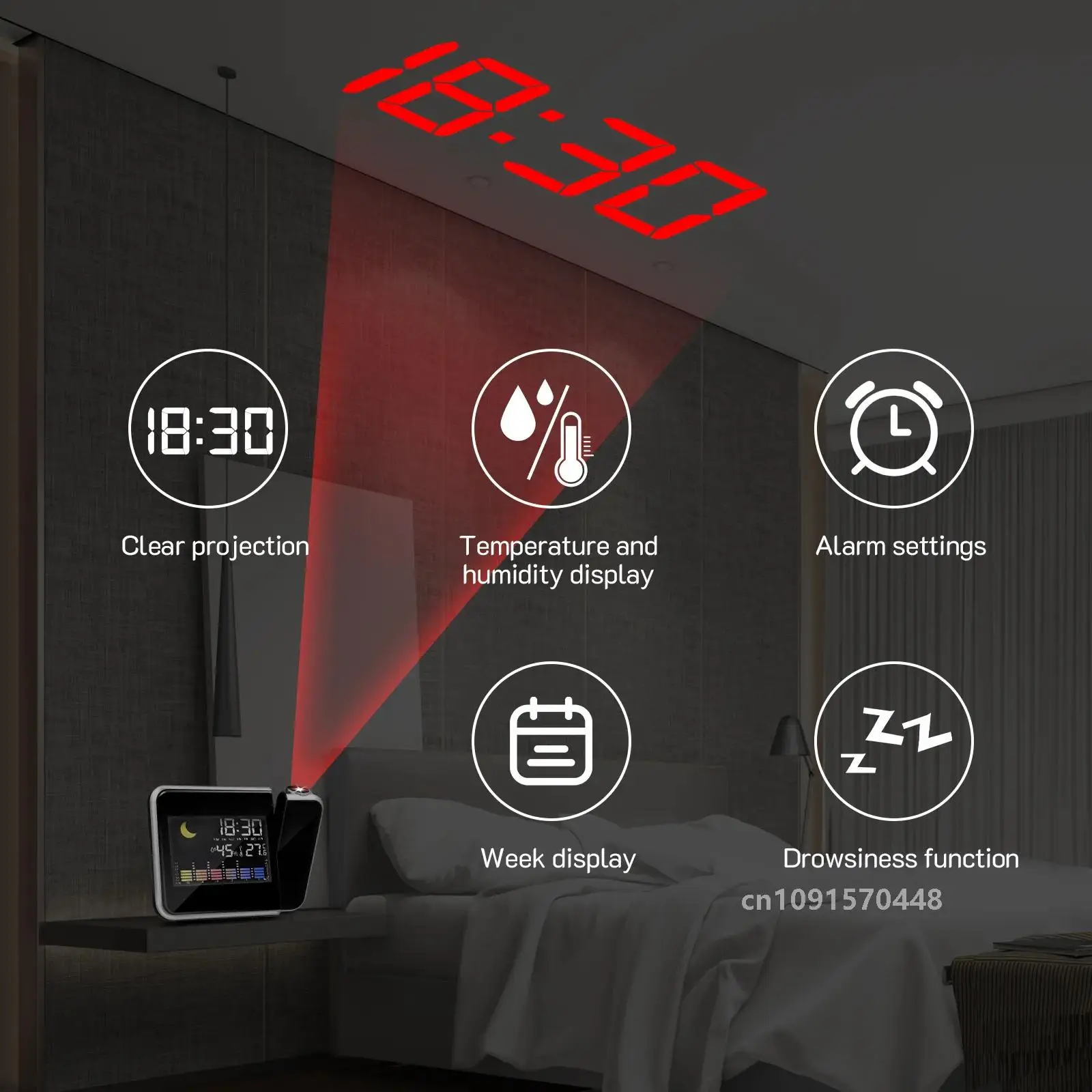 Projection Alarm Clock Bedroom Clock Digital Clock Projector On Ceiling Wall LCD Display Date Time Temperature Humidity