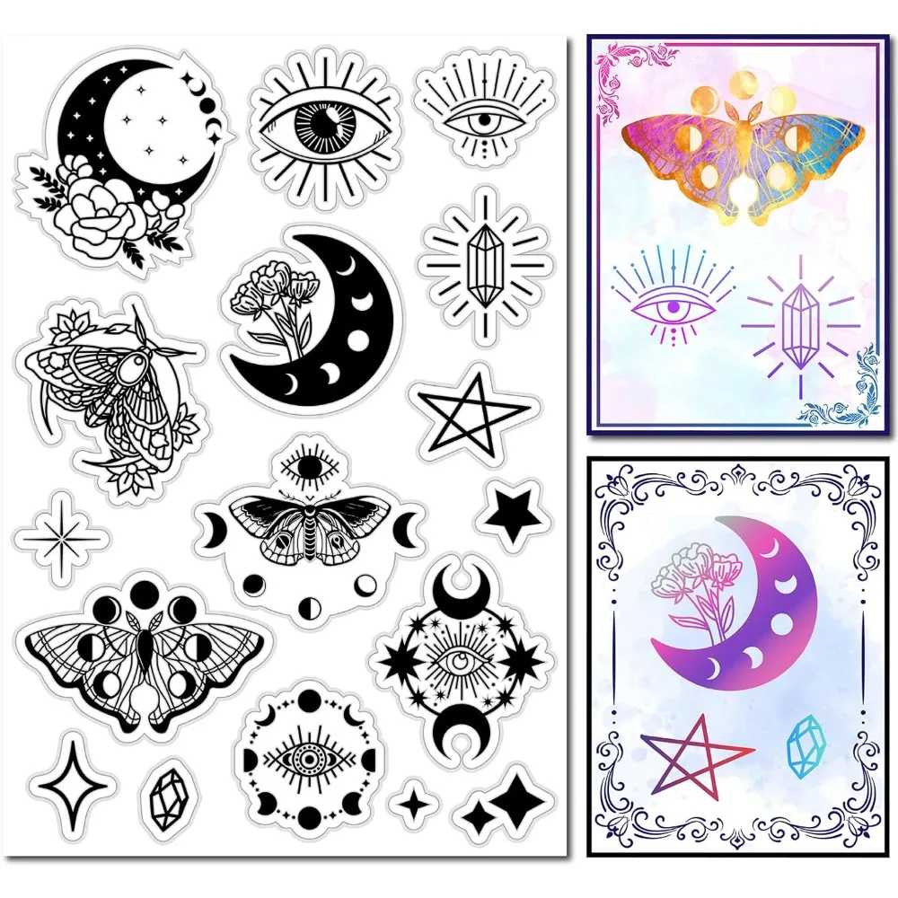 

Moon Phase Moth Rubber Stamp Evil Eye Crystal Flowers Vintage Clear Transparent Silicone Seals Stamp for Journaling Card Making