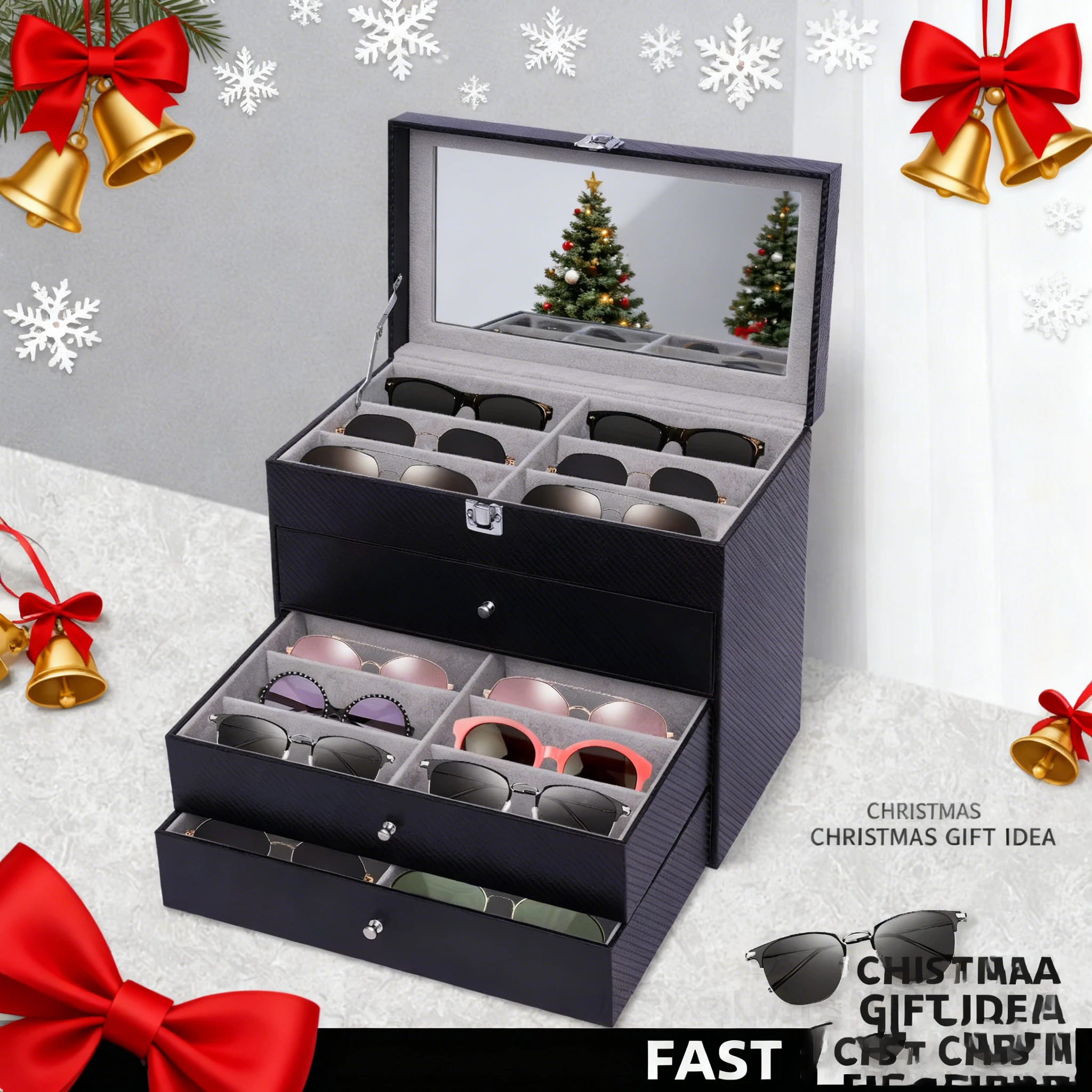 

Ящик для хранения солнцезащитных очков — витрина из искусственной кожи с фланелевой подкладкой, 24 слотами и фиксирующей застежкой для очков и аксессуаров