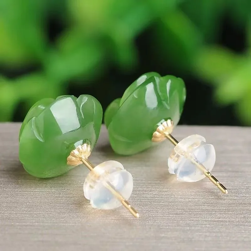 Pendientes de plata 925 con Rosa de Jade verde Natural, joyería con abalorios, accesorios de moda, amuleto tallado a mano para hombre y mujer, regalos