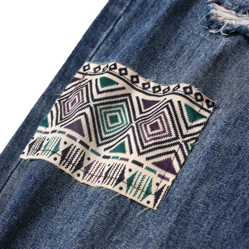 American High Street Ripped Jeans Men's Summer Trendy Loose Straight Street Stitching Patch Fashion Denim Pants