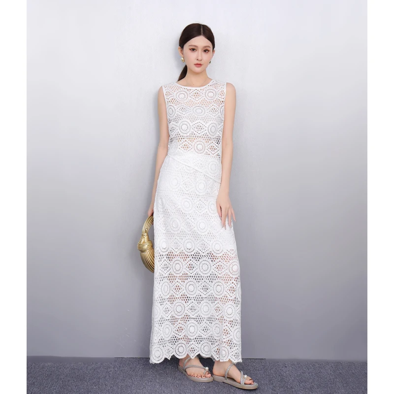 

2025 Spring Summer New Fashion Hollow Out Lace Short Sleeve Top Women Loose Long Skirts Two-piece Set Female J1138