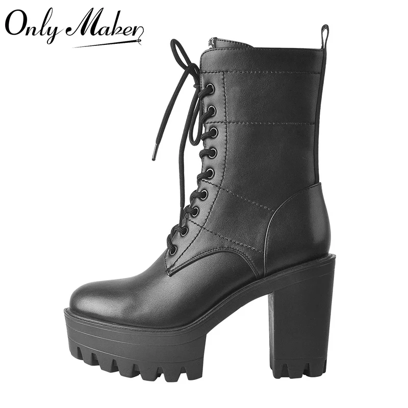 

Onlymaker Women Platform Boots Lace-up Ankle Boots Round Toe Matte Black Zipper Square Chunky High Heel Booties