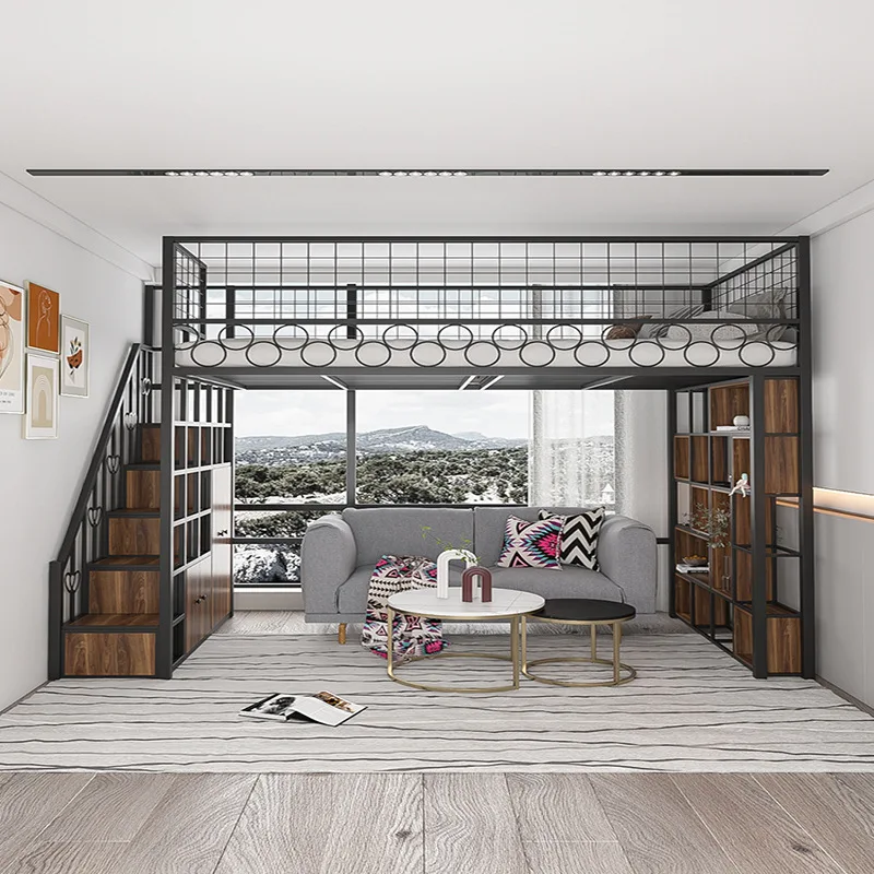 Wrought iron elevated bed on the bed under the table Duplex loft hanging with ladder cabinet on and off the bed