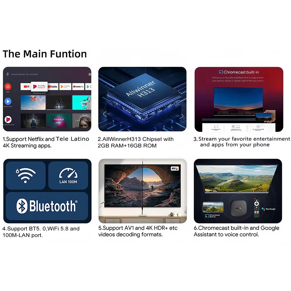 Caixa de TV Smart Home Theater Android16 AllwinnerH313 com Google Assistant, Netflix Streaming, Media Player BT, 2G16G, Wifi 2.4G5G Mortal T1