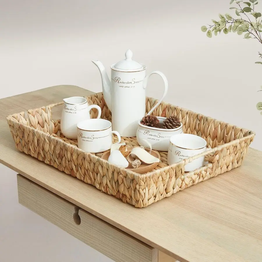

inch Rectangular Wicker Tray, HandWoven Rattan Serving Trays with Handles for Snack Drinks Coffee Table Tray, Water Hyacinth 1
