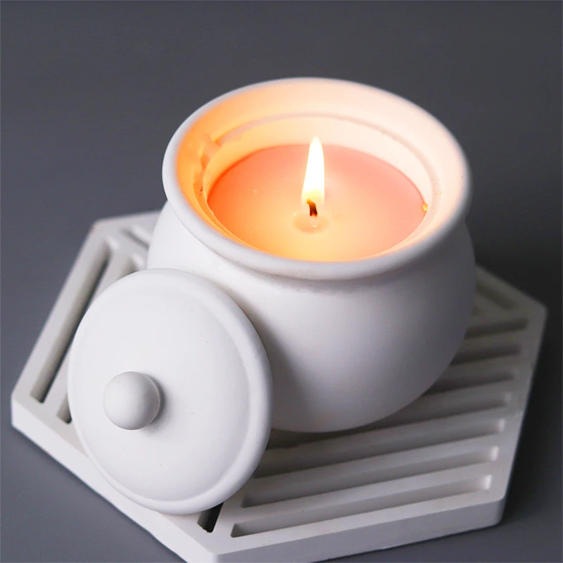 

Round Candle Jar Mold with Lid Concrete Candle Vessel Silicone Mould Cement Plaster Resin Flowerpot Storage Box Craft Molds