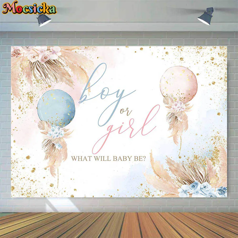 Mocsicka Boy or Girl Bohemian Gender Reveal Backdrop What Will Baby Be Party Decor Newborn Background Baby Shower Banner Props