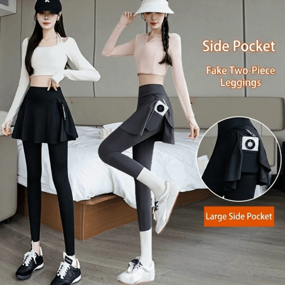 Faux Two Piece Women Yoga Pants Side Pocket High Waisted Athletic Leggings Full Length Quick Dry Sport Leggings Gym Workout