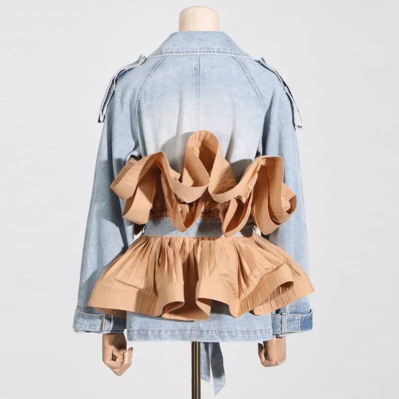 Women Turn Down Collar Contrast Color Ruffles Folds Coat Denim Coat Ruched Lotus Jeans Jacket Straps Belted Cardigan Tops 2024