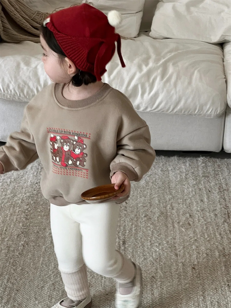 2024 Autumn New Baby Fleece Sweatshirt Infant Girls Cartoon Print Casual Pullover Plus Velvet Thick Warm Tops Toddler Clothes