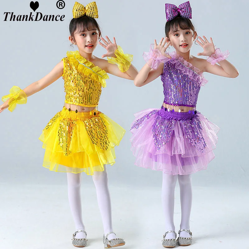 

Kids Modern Dance Outfit Girls Stage Clothing 2Pcs Jazz Dance Costume Sequin Crop Top Skirt Cheerleading Performance Costumes