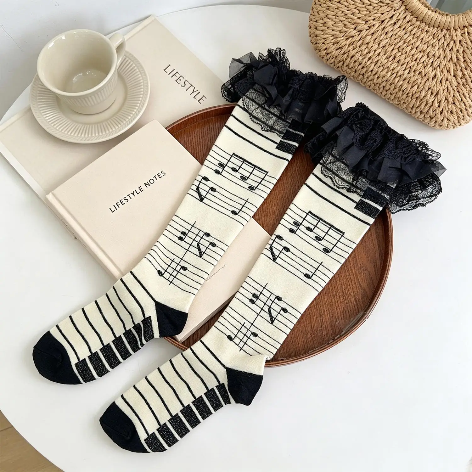 Japanese Y2K Girl Subculture Black Lace Ruffle Long Socks Music Note Tiered Lolita Vintage Stockings Gothic Mid-Calf Stocking image 3