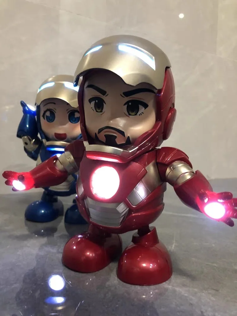 New 19cm Iron Man Dance Action Anime Figures Sing Sound Led Spiderman Avengers Super Heros Dancing Robot Toy Kids Toy