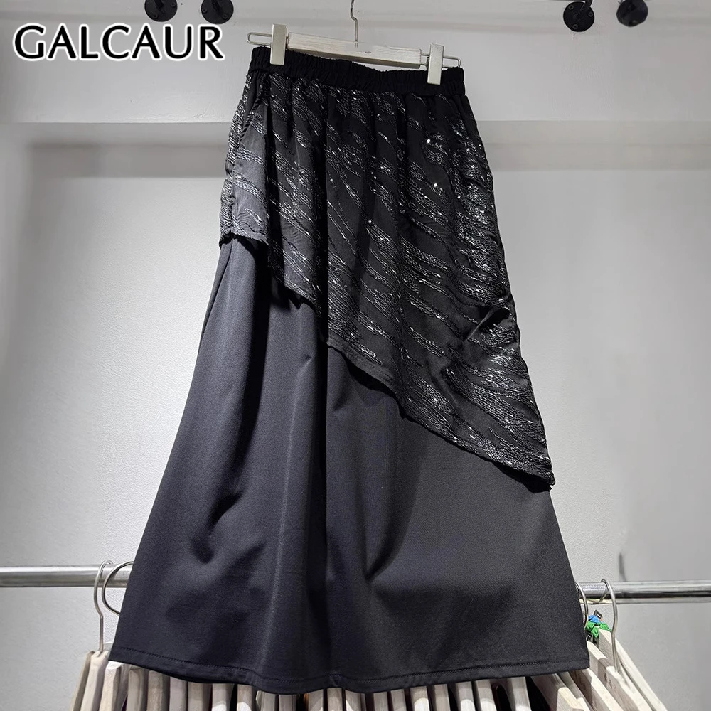 

GALCAUR Solid Loose Spliced Sequins Fashion Skirts for Women Patchwork Elastic Waist A Line High Waist Skirt Female Clothing New