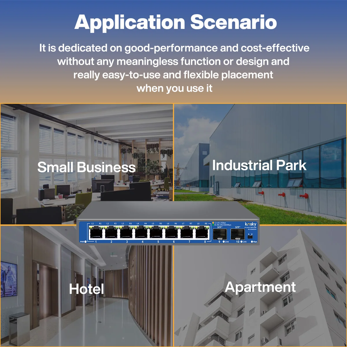 Il switch KOSKY 8+2 10G uplink 2.5G ha 8 porte RJ45 10/100/1000/2500Mbps 2 porte ottiche SFP 1/2,5/10Gbps adatte per ufficio