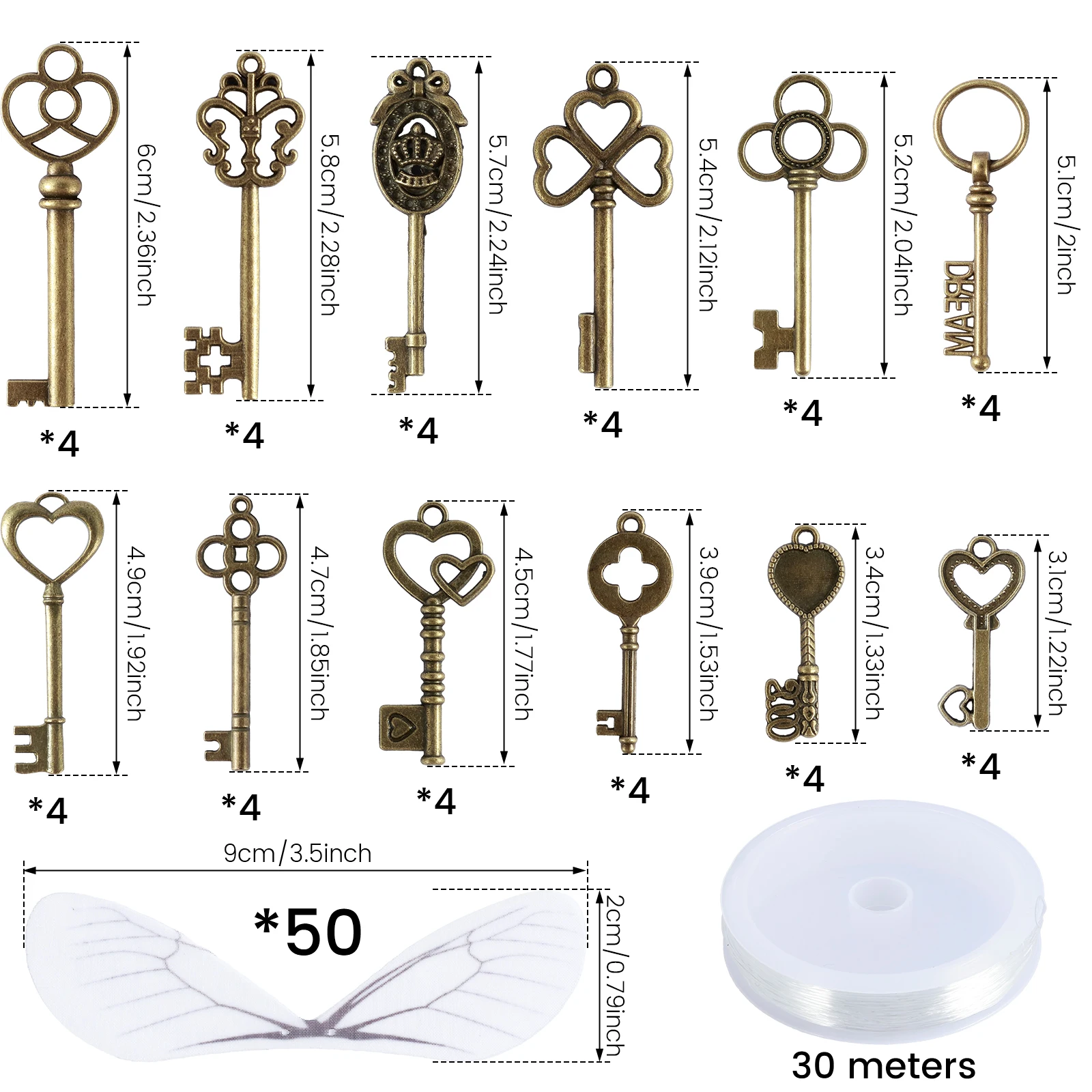 48 Pcs Vintage Skeleton Keys DIY Flying Keys Charms with 48 Pairs Dragonfly Wings and 30 Meters Crystal String Metal Antique