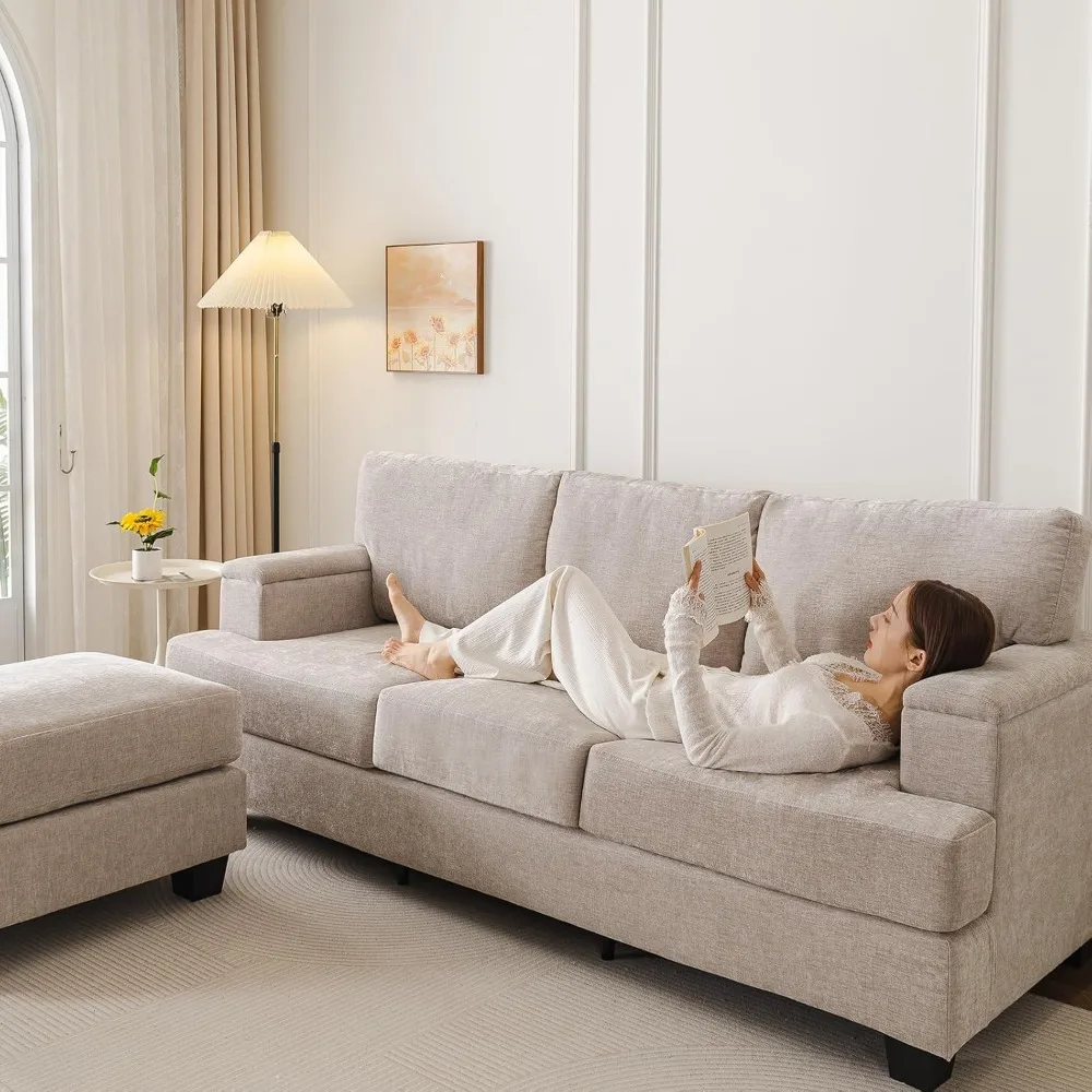 Canapé en forme de L de 85 pouces avec, canapés 3 places avec pouf mobile, canapé sectionnel confortable avec coussin épais, Chenille S