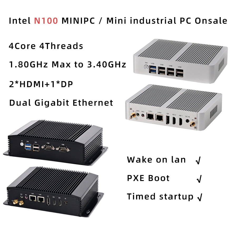 デュアルLANを搭載したミニ産業用PC,n100,ファンレス,2 x hdmi 2.0, 4k,60hz dp,3ディスプレイ,ddr4,低電力,0ノイズ