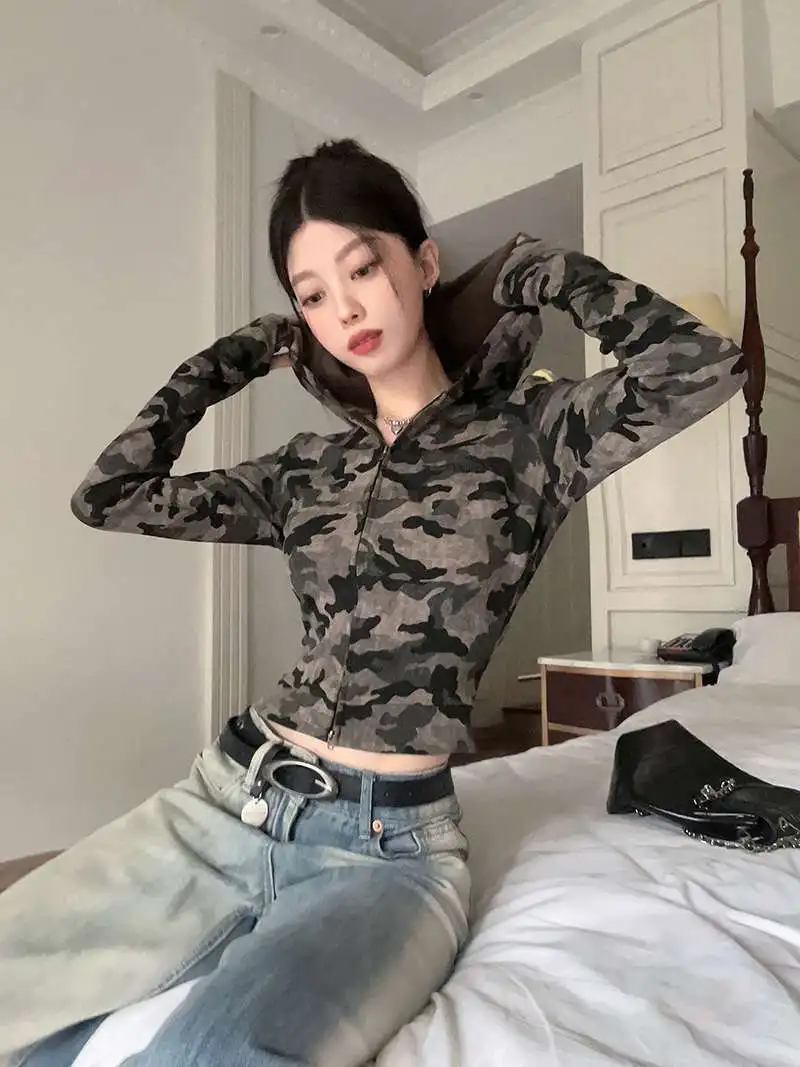 Viya Spice Girl Camouflage Long Sleeve Hooded Jacket Women's Pre-Fall Unique Slim Slim Zipper Crop Top