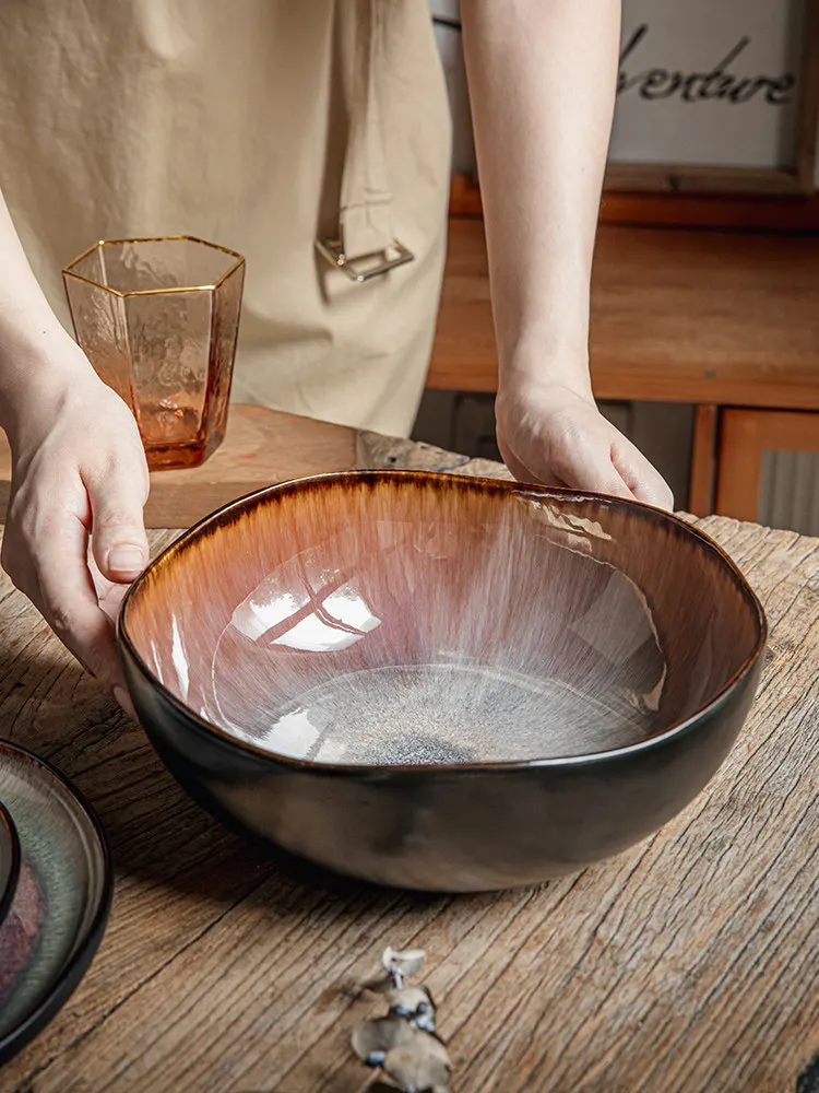 Japanese Glaze Ceramic Tableware Set Irregular Wavy Edge Plates Bowls Vintage Rustic Stoneware Dinnerware for Home Restaurant view 3