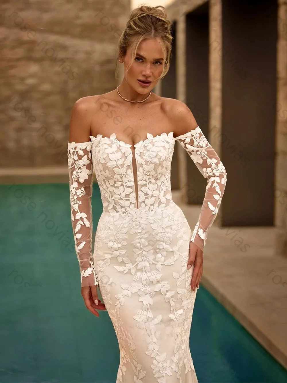 Robe De mariée sirène De haute qualité, personnalisée, col en V, manches longues, dentelle appliquée, fermeture éclair, traîne De balayage