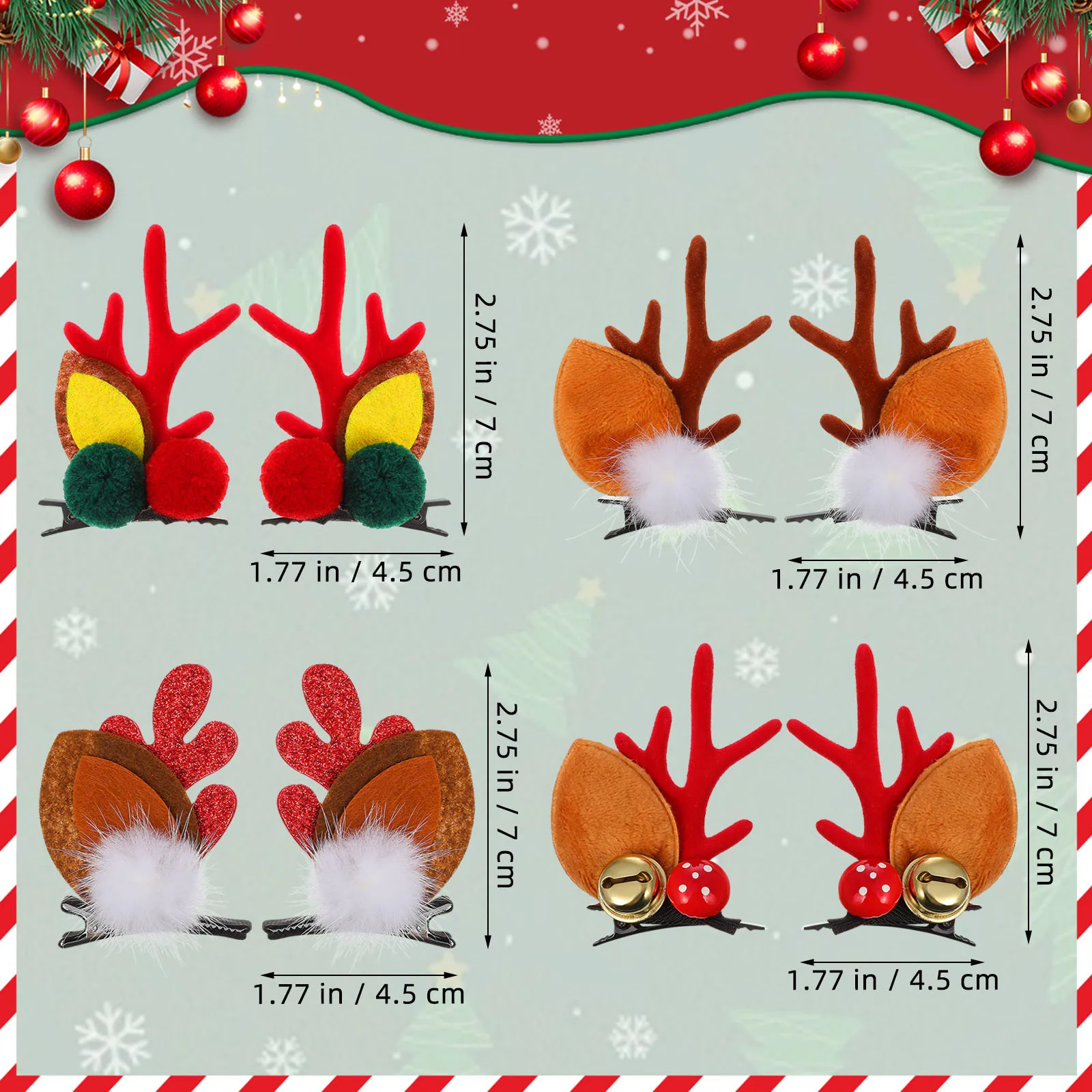 4 pary dziecięcych ozdób do włosów, kreatywne świąteczne wzory, wygodne i urocze spinki do włosów dla dziewczynek, dekoracje na imprezy świąteczne, sesje zdjęciowe, klipsy do włosów.