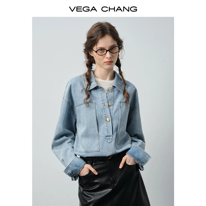 

Vega Chang Denim Shirt for Women New Autumn and Winter Turn-Down Collar Half-Button Design Casual Shirt