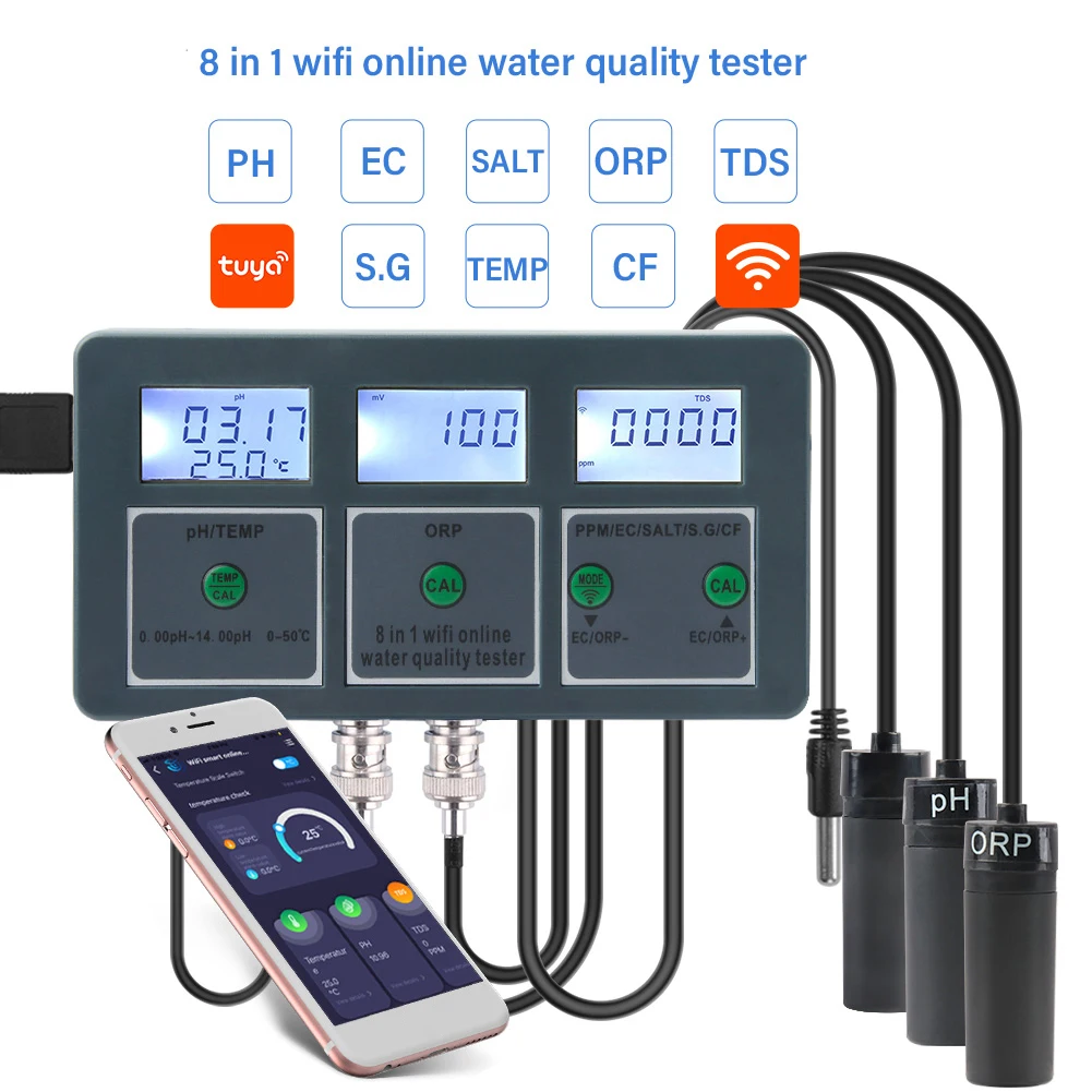 

EU WiFi Tuya Smart PH ORP/TDS/EC/SALT/S. G/TEMP/CF Monitor Meter Online Aquarium Water Quality Tester Data Logger Controller