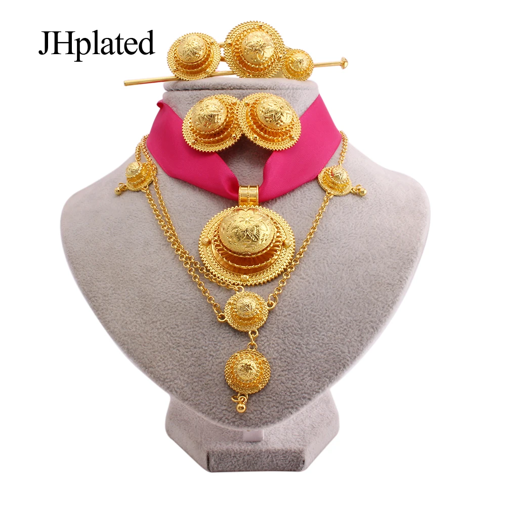 Luxury Gold color bridal Jewelry sets for women Ethiopian red rope pendant Hairpin necklace earrings bracelet ring wedding gift