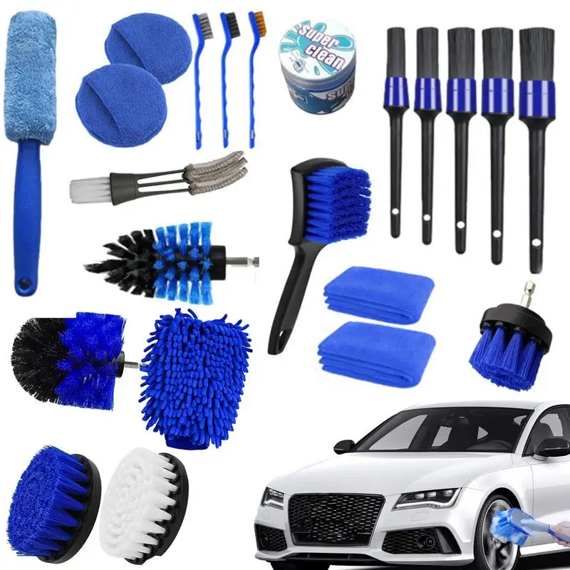 

Car Cleaning Brush Set 30pcs Automotive Interior Brush Wet And Dry Brushes With Car Detailing Drill Brush High-Density Bristles