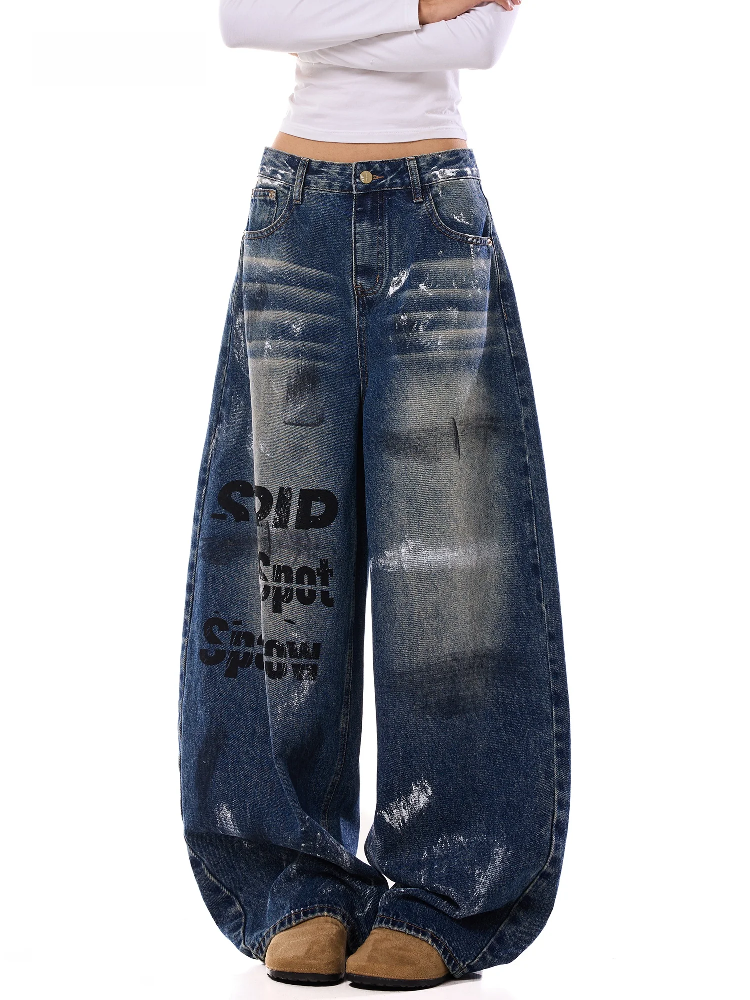 American Style Graffiti Dyeing Wide Leg Pants Women Loose Slimming Pure Cotton Denim Trousers Autumn Season High Waist Zipper...