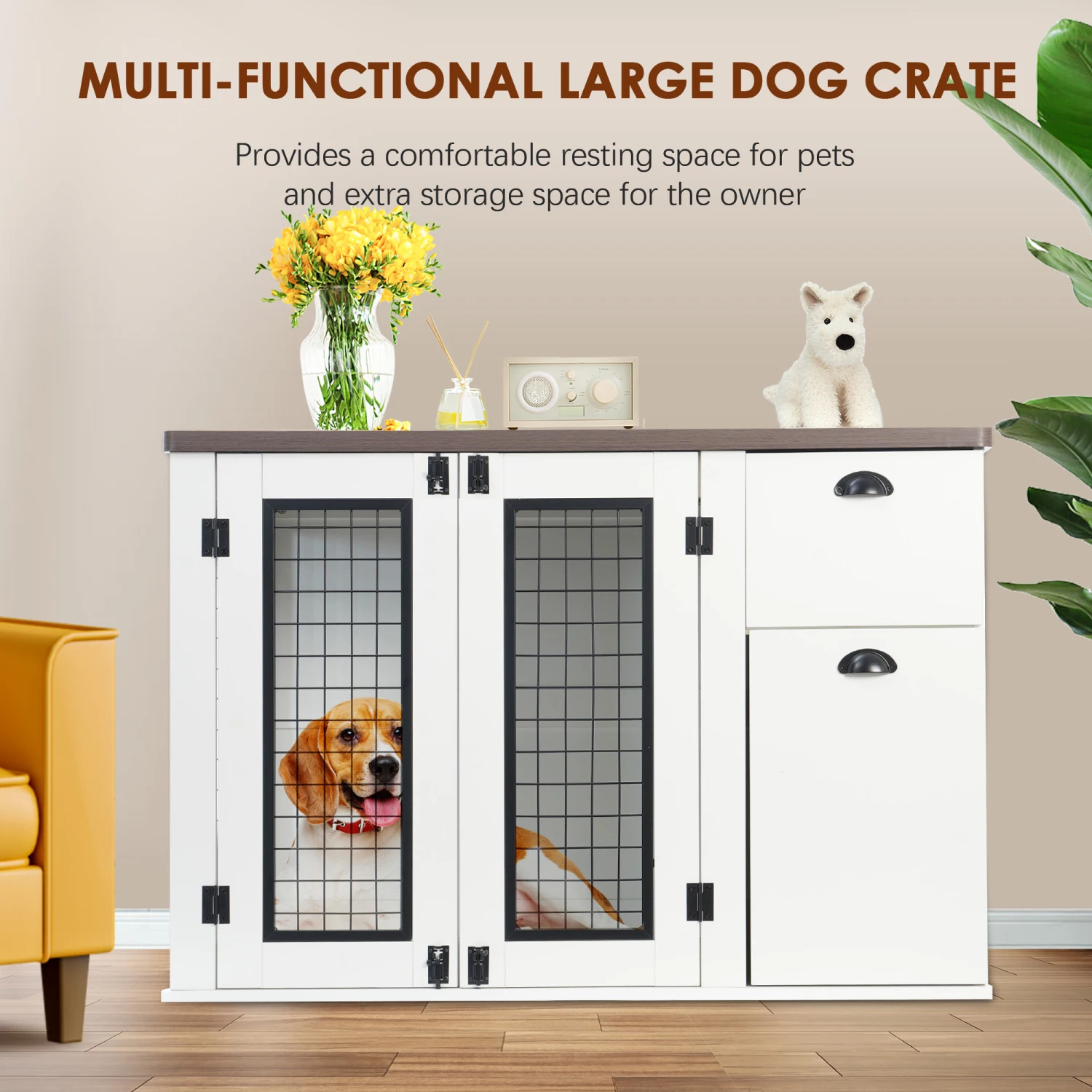 Wooden Furniture Style Double Door Dog Cage with Side Cabinet