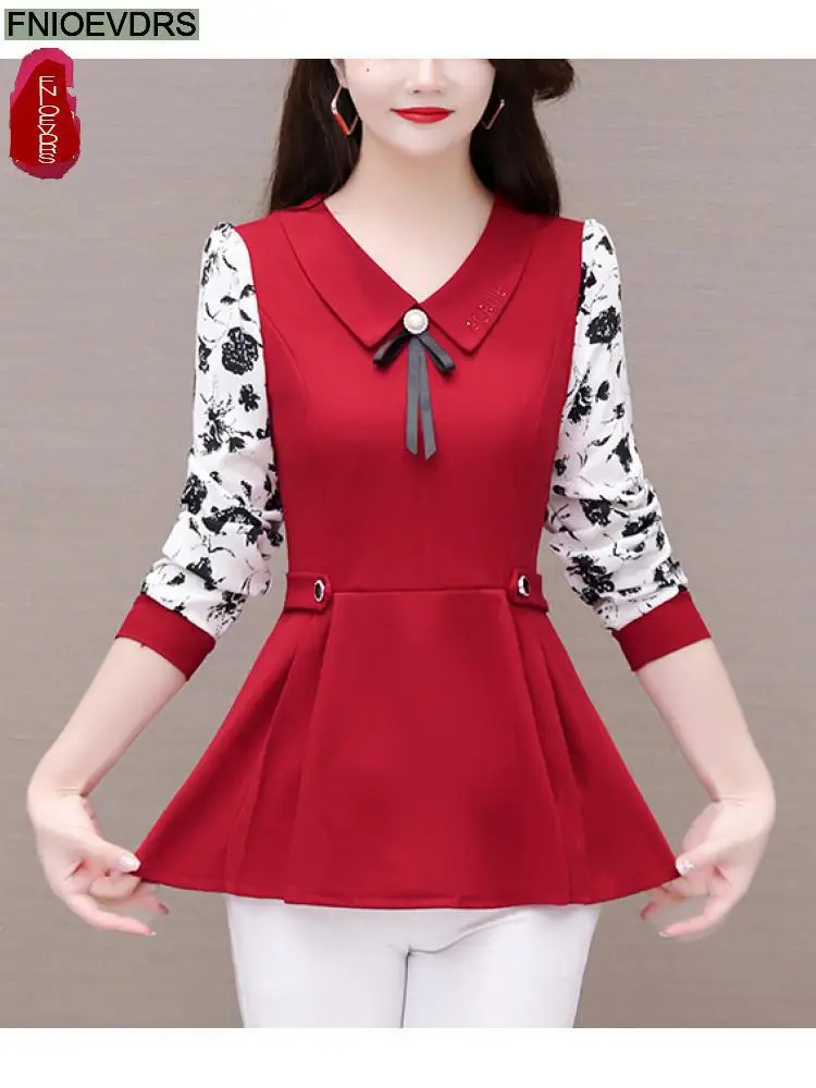 2022 Autumn Spring Basic Shirt Tunic Top Women Long Sleeve Elegant Office Lady Peter Pan Collar Belly Pink Peplum Top Blouses