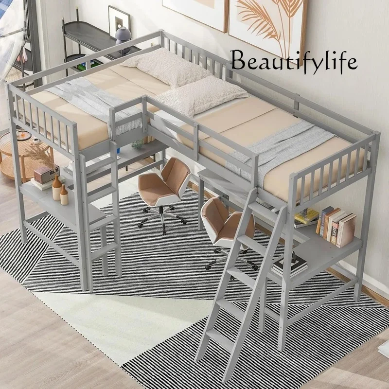 

Wood Twin Size L-Shape Loft Bed for Two Kids with Dual Desks, High Loft Frame Featuring Ladders and Safety Guardrails