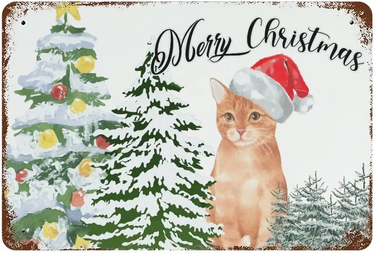 Meowy Christmas Cat Metal Tin Sign Christmas Tree Cat Metal Vintage Tin Sign Personalized Signs Art Decor Home Bar Poster 8x12 I